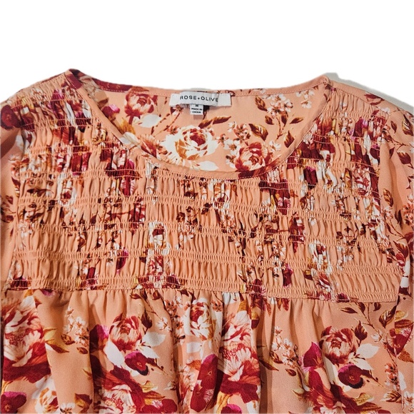 Rose + Olive Blouse Womens Medium Orange Floral Smocked Long Sleeve Boho Top - Picture 4 of 8
